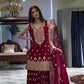 Alluring Maroon Color Sequins And Heavy Embroidery Work With Sleeves Sharara Suits With Dupatta