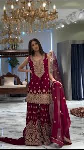 Alluring Maroon Color Sequins And Heavy Embroidery Work With Sleeves Sharara Suits With Dupatta
