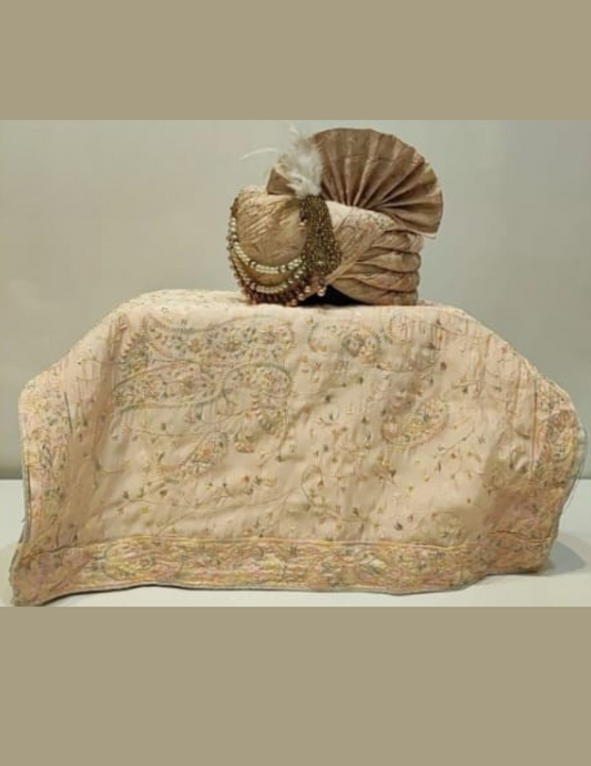 Marvelous Cream Color Stone And Beads Work Designer Wedding Turban For Men