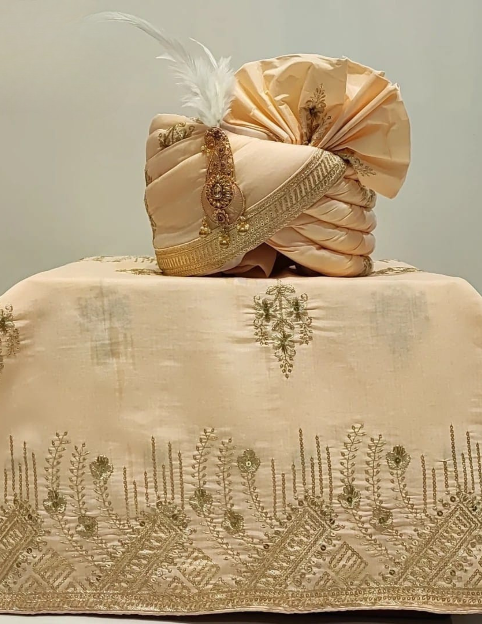 Alluring Beige Color Sequins And Beads Work Designer Wedding Turban For Men