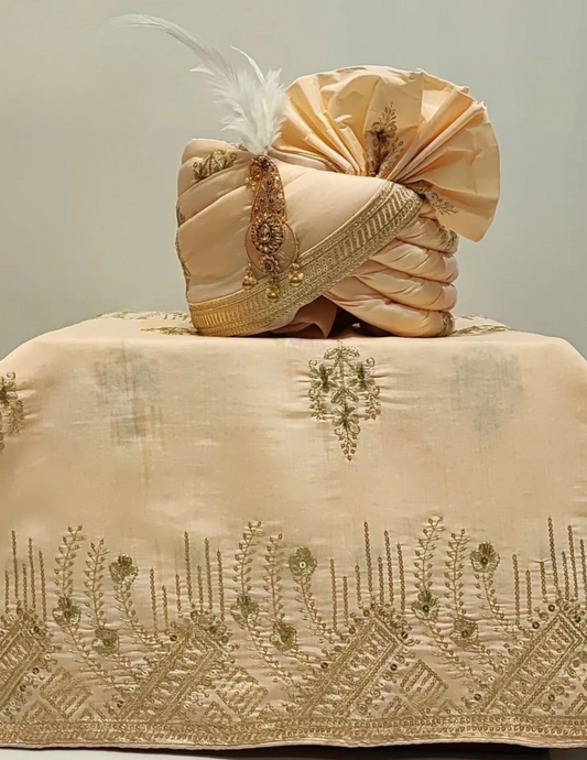 Alluring Beige Color Sequins And Beads Work Designer Wedding Turban For Men