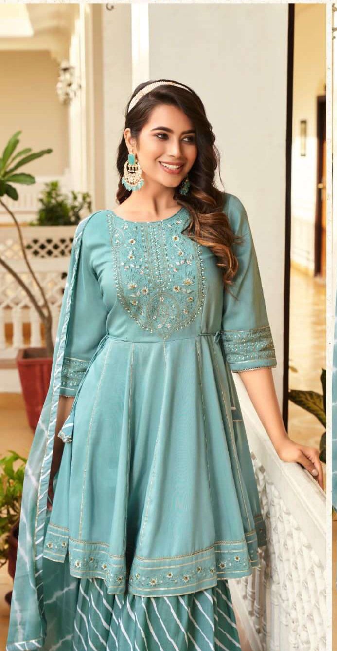 Teal Blue Designer Embroidery Sequins Work And Dupatta Near Me