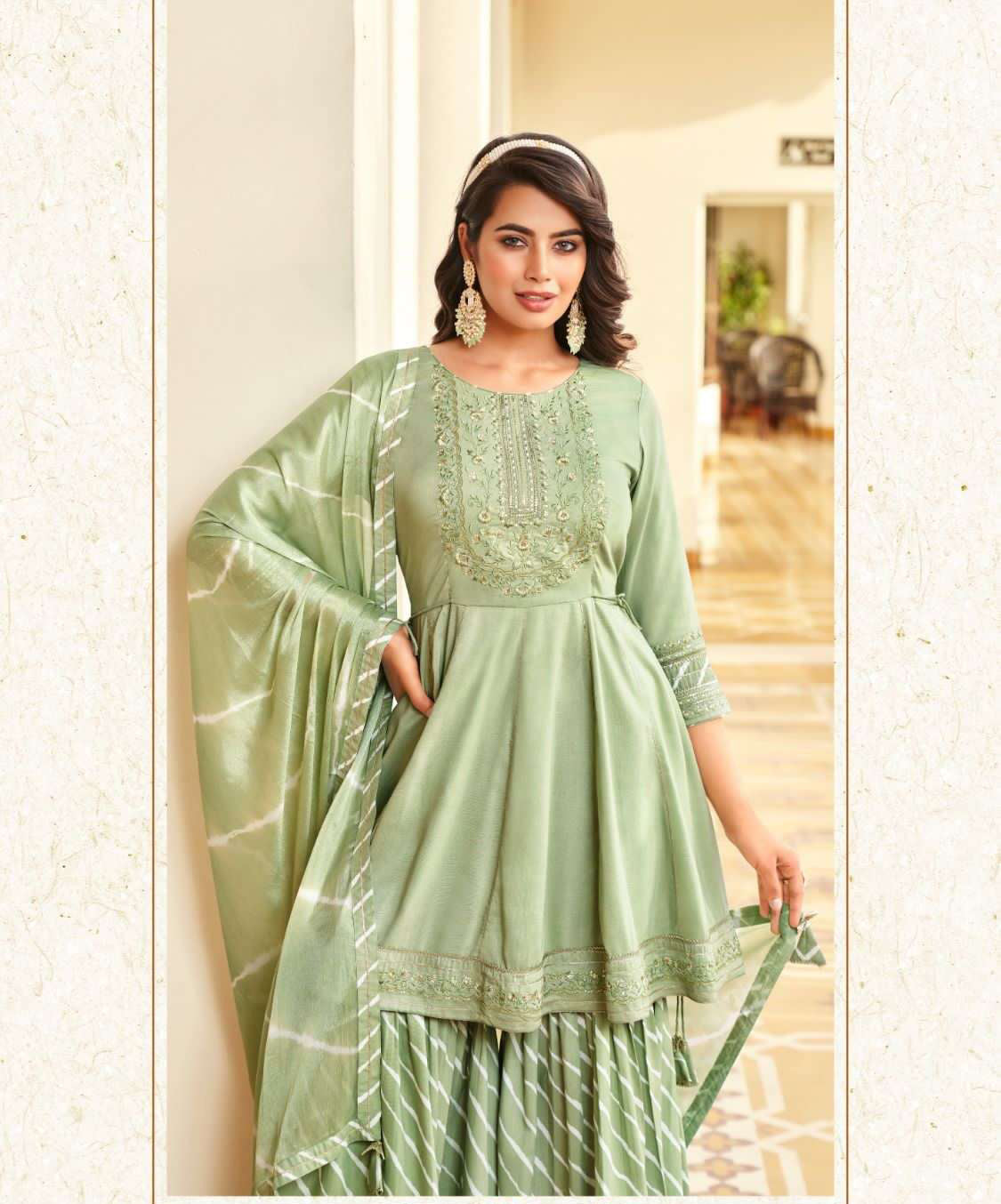 Attractive Green Color Heavy Chinon Silk Sharara Suits With Embroidery Sequins Work And Dupatta Near Me