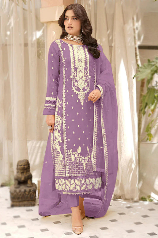 Gorgeous Lavender Color Soft Organza Salwar Suits With Embroidered Work For Women