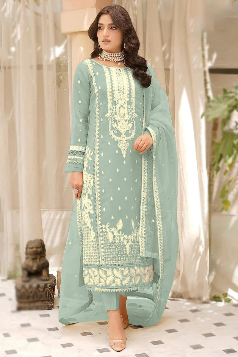 Elegant Mint Green Color Soft Organza Salwar Suits With Embroidered Work For Women