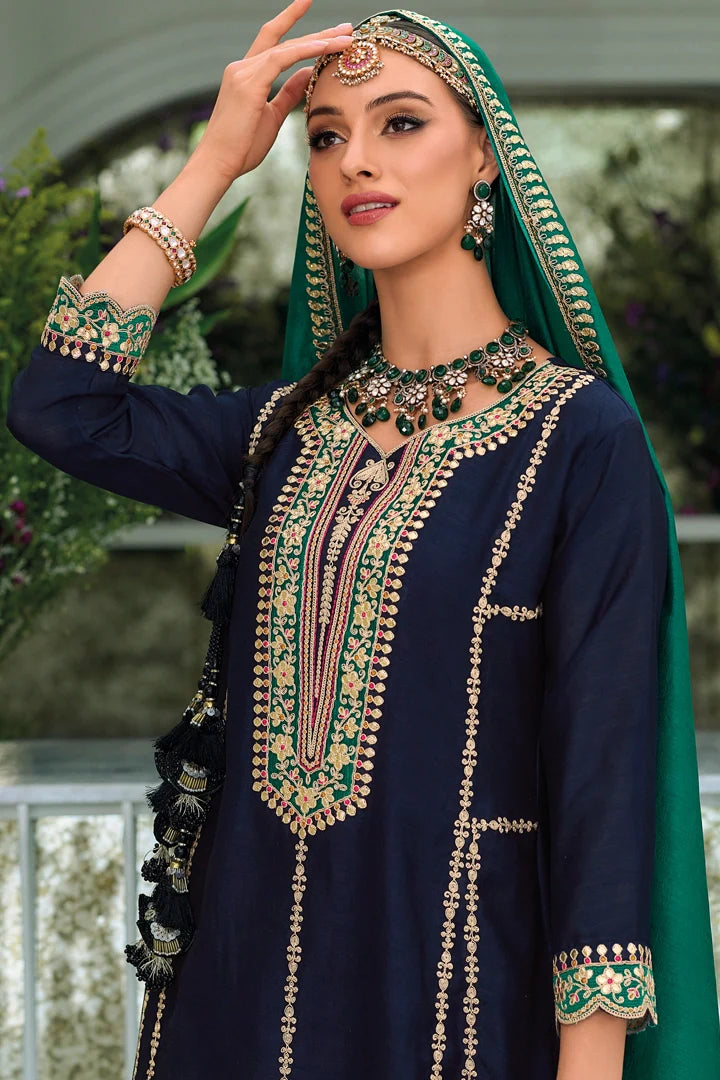 Pleasing Blue Color Premium Silk Embroidery Kurti Near Me