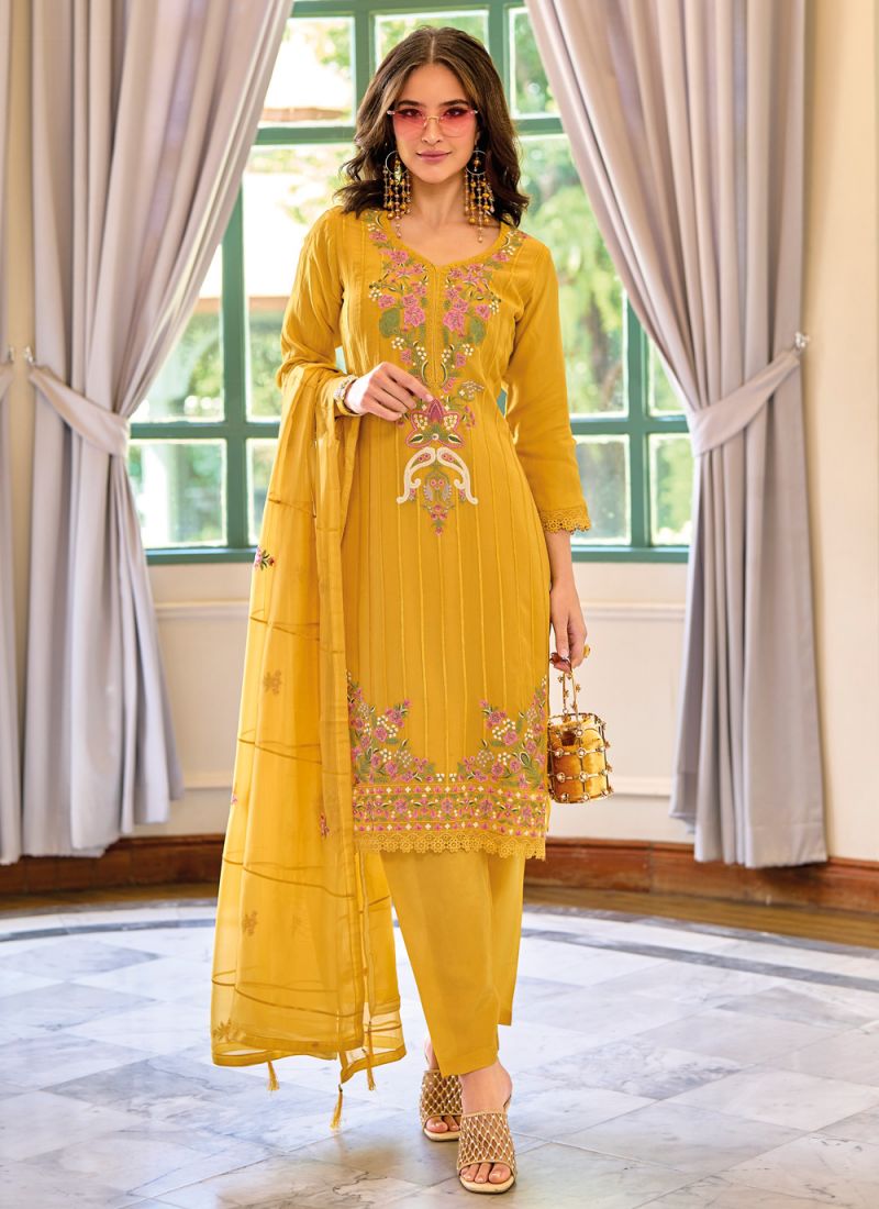 Beautiful Organza Party Wear Designer Kurti Suits With Mustard Yellow Color