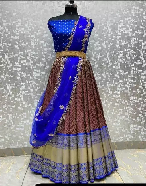 Elegant Blue Color Kanjeevaram Half Saree Silk Lehenga Choli With Flower Butti And Zari Work