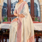 Beautiful Off White Banarasi Silk Broad Border Woven Zari Saree For Women
