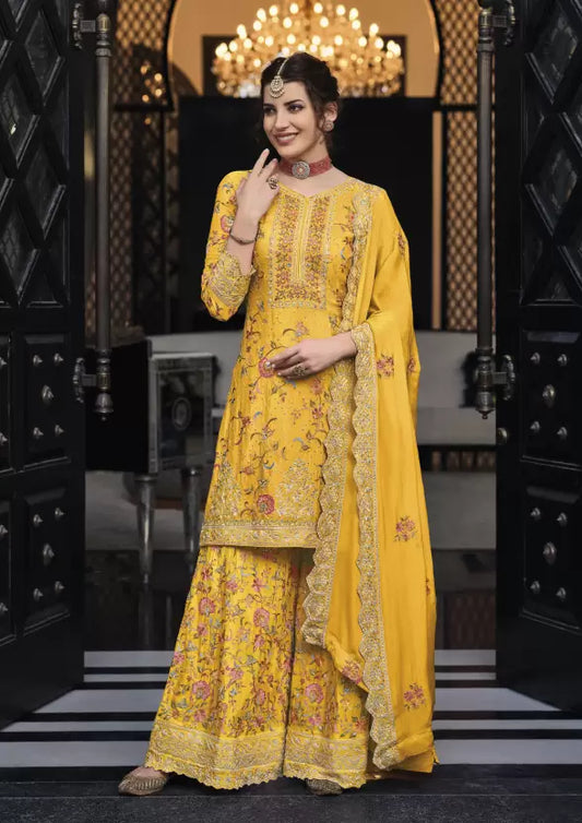 Dazzling Yellow Color Designer Palazzo Suits With Dupatta