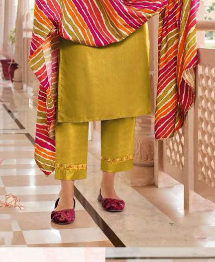 Yellow Colored Chanderi Silk Straight Salwar Suits With Muslin Printed Dupatta For Women In Tucson