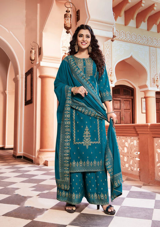 Attractive Teal Blue Colored Heavy Cotton Straight Kurti With Palazzo Suits For Women