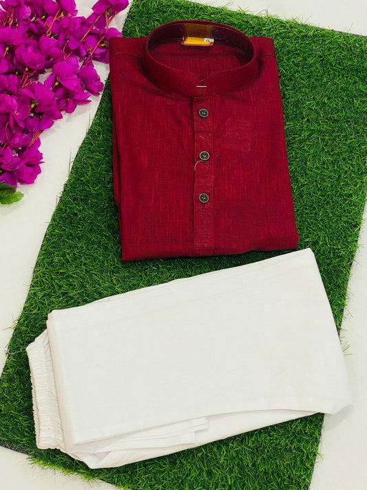 Appealing Maroon Color Cotton Kurta Set With Pajama Pants For Kids