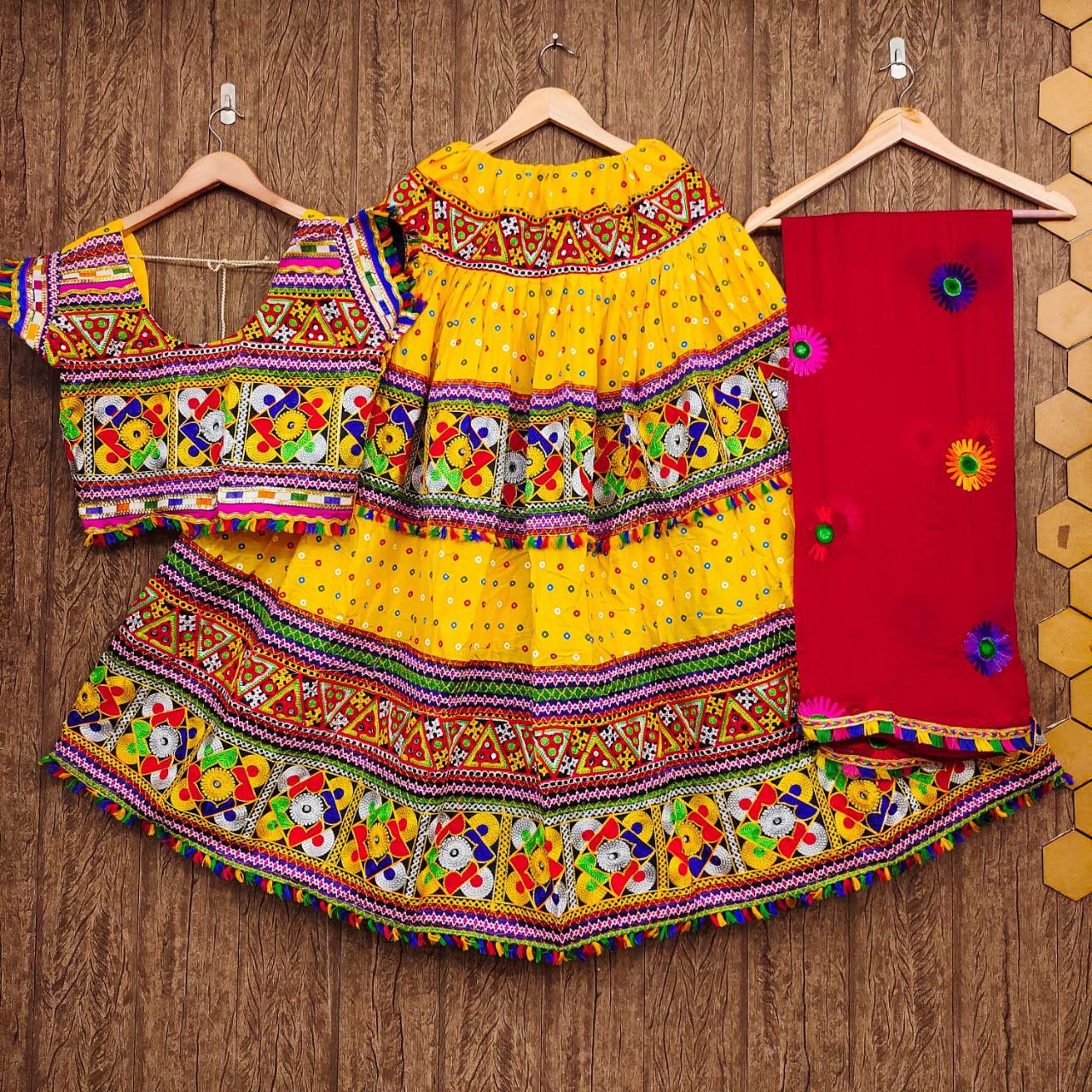 Beautiful Yellow Red Rayon Cotton Navratri Wear Mirror Work Lehenga Choli