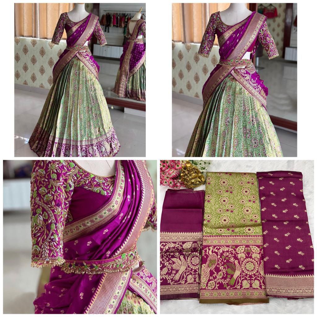 Magnificent Purple Color Exclusive Designer Silk Half Saree Lehenga Choli With Zari Work