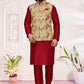 Appealing Red Color Wedding Silk Kurta Jacket With Cotton Pajama Set