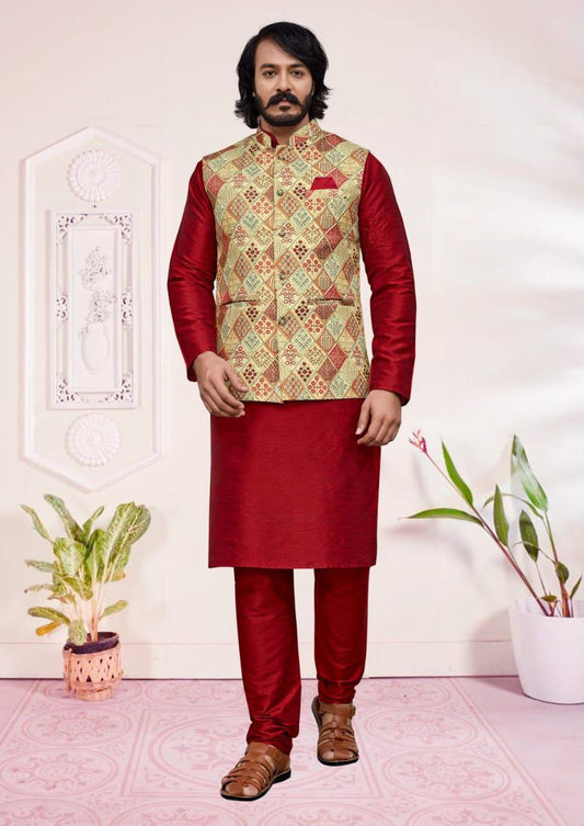 Appealing Red Color Wedding Silk Kurta Jacket With Cotton Pajama Set