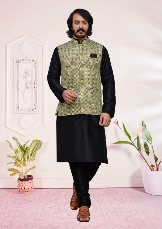 Appealing Black Color Silk Kurta Jacket With Cotton Pajama Set