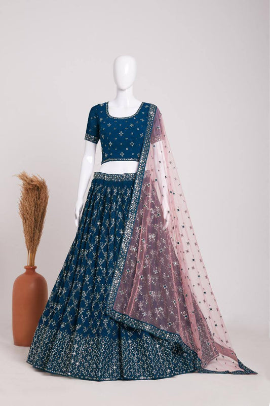 Stunning Dark Aqua Blue Color Designer Embroidery And Sequins Lehenga Choli With Net Dupatta For Women