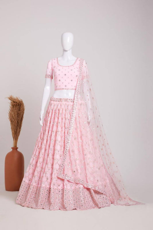 Lovely Light PInk Color Designer Georgette Embroidery And Sequins Work Lehenga Choli With Fancy Dupatta For Women