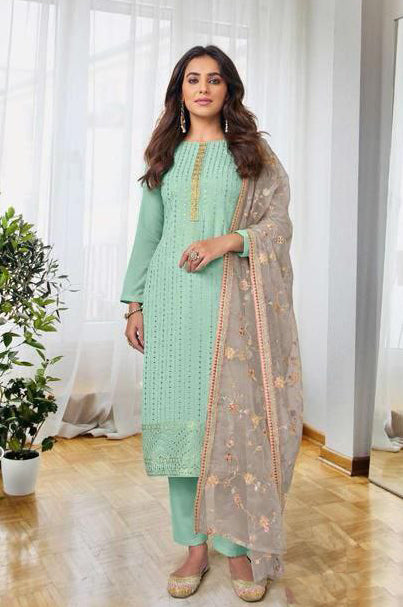 Attractive Green Colored Embroidery Work Salwar Suits For Women