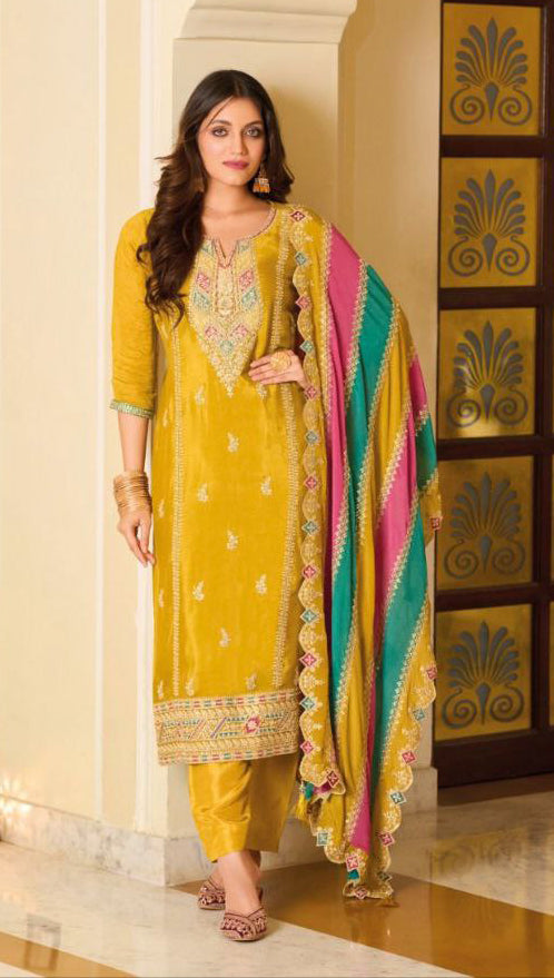 Dazzling Yellow Colored Premium Silk With Embroidery Work Salwar Suits