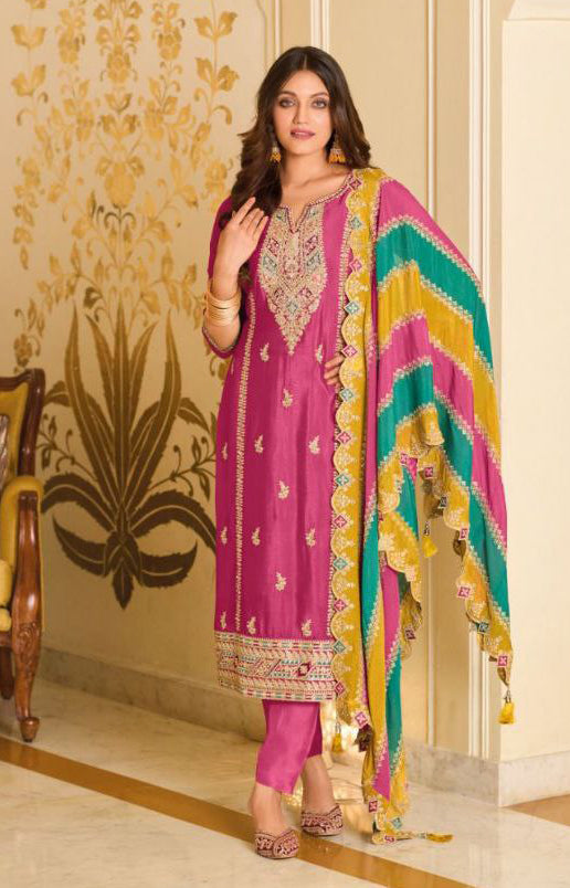 Appealing Pink Colored Embroidery Work Premium Silk Salwar Suits For Women