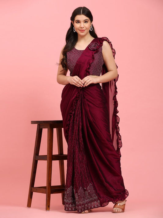 Dazzling Ready To Wear One Minute Lycra Designer Saree With Maroon Color