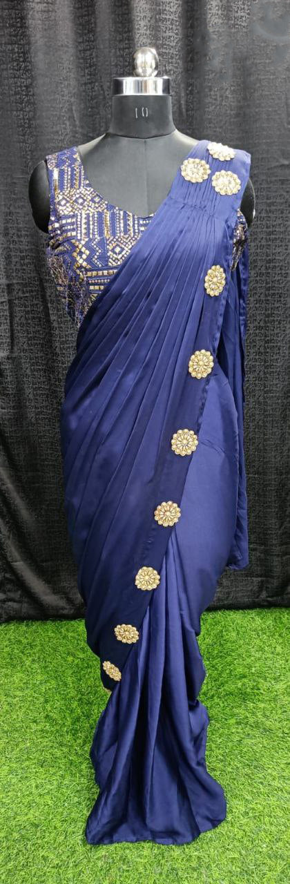 Beautiful Blue Colored Ready To Party Wear Lycra Designer Saree