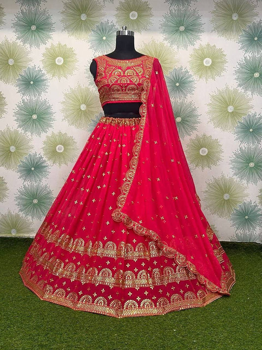 Attractive Red Color Embroidery With Sequins Work Lehenga Choli For Women