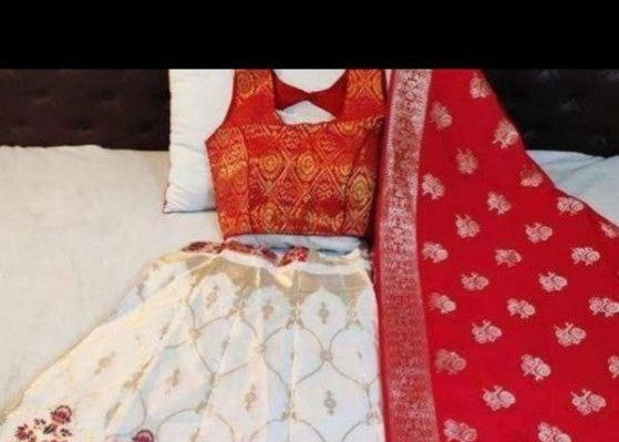 Dazzling Red With White Color Embroidery Work Lehenga Near Me