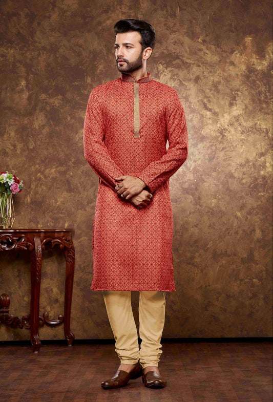 Gorgeous Red Color Poly Cotton With Digital Print Kurta For Men