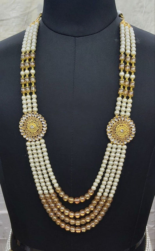 Attractive Cream Colored Floral Designed Pearl Mala For Men