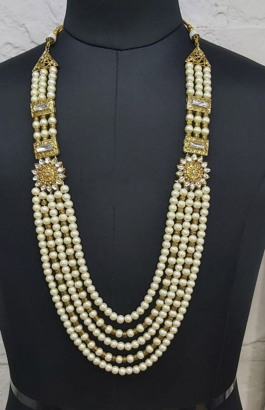 Charming Cream Color Gold Plated Designer Pearl Beaded Mala For Men