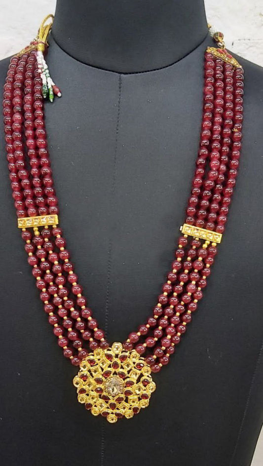 Dazzling Gold Plated Maroon Color Designer Beaded Pearl Mala For Men's