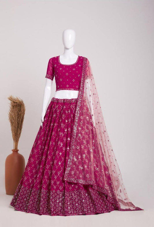 Elegant Dark Pink Colored Designer Georgette Lehenga Choli For Wedding