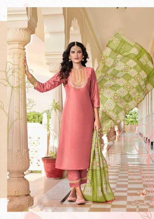 Attractive Pink Colored Straight Salwar Suits With Embroidery Work