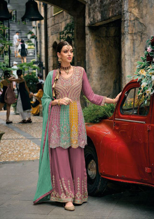 Elegant Multi Colored Chinon Embroidery Pakistani Palazzo Suit For Women