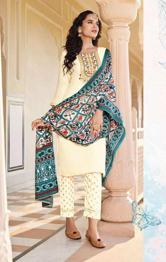 Elegant Sandal Colored Chanderi Silk Embroidery Work Kurti With Dupatta Sets For Women