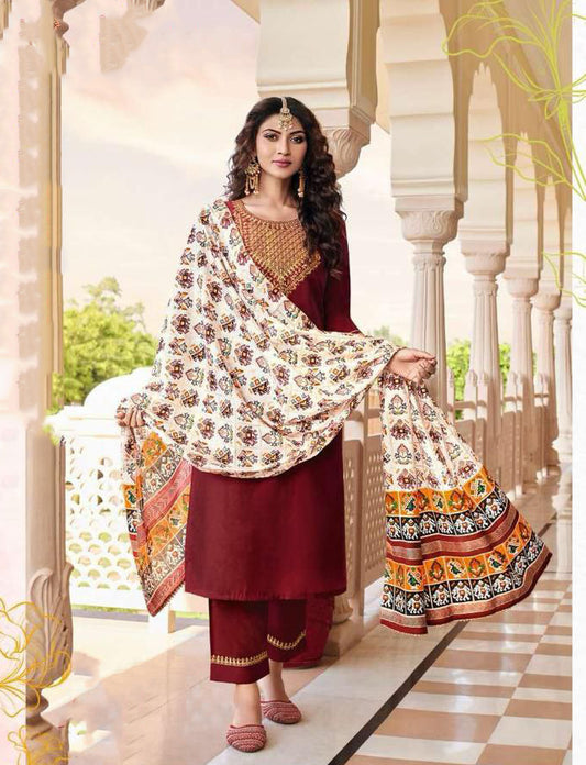 Beautiful Maroon Colored Chanderi Silk Fancy Embroidery Work Kurti With Dupatta Sets For Women