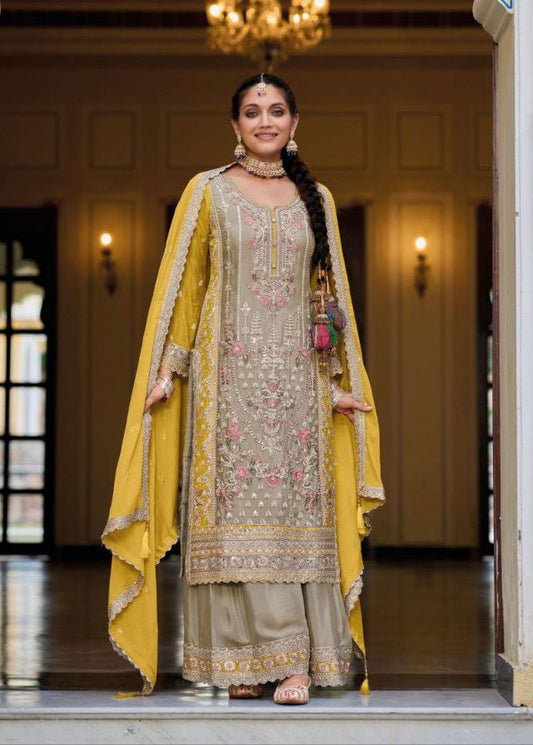 Beautiful Greige Colored Chinon Palazzo Suits With Designer Dupatta