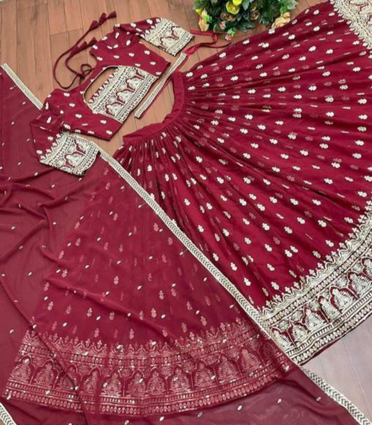 Appealing Maroon Colored Heavy Georgette Sequence And Embroidery Work Lehenga Cholis For Women