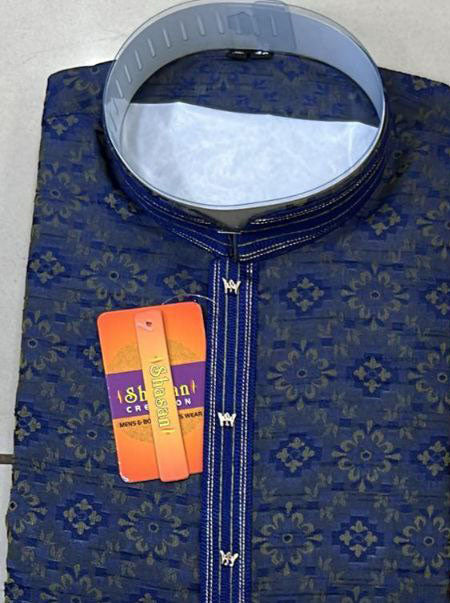 Attractive Blue Color Jacquard Flower Designed Kurta Set For Men