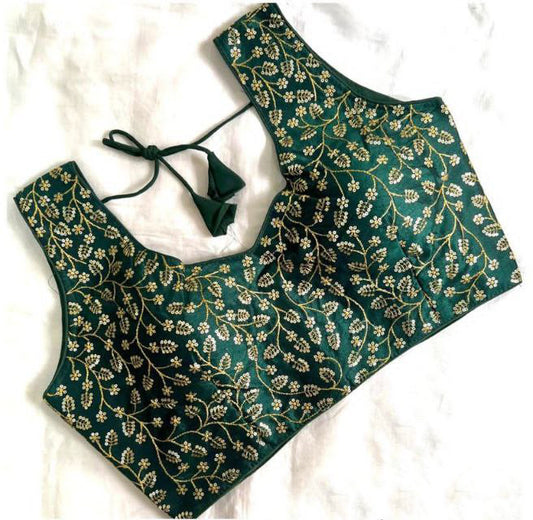 Charming Green Colored Thread And Sequins Work Stretchable Sleeveless Blouse For Women