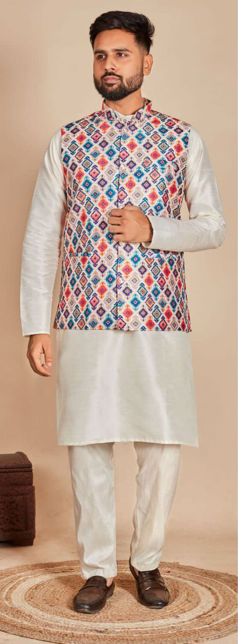 Elegant Wedding Soft Silk Sequins Work Kurta Pajama With Jacket Sets For Men