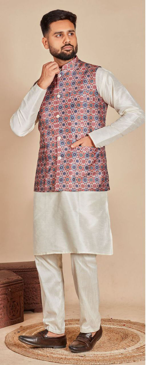 Attractive Multi Colored Wedding Kurta Jacket With Pajama Sets For Men