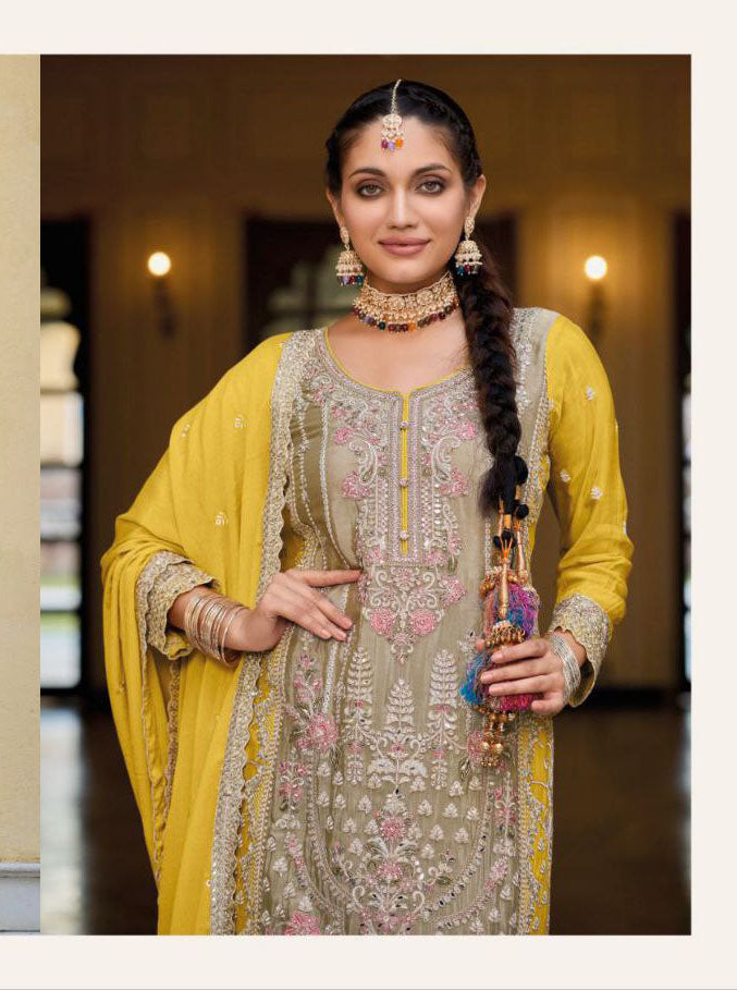 Greige Colored Chinon Palazzo Suits With Designer Dupatta In USA