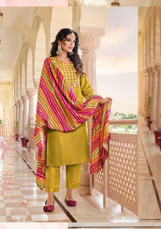 Attractive Mustard Yellow Colored Chanderi Silk Straight Salwar Suits With Muslin Printed Dupatta For Women