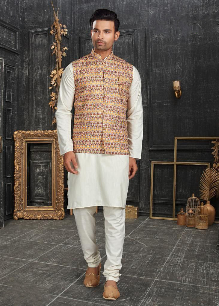 Appealing Multi Colored Cotton Kurta Pajama With Jacket Sets For Men