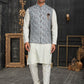 Charming Blue Colored Wedding Cotton Digital Print Kurta Pajama With Jacket Sets For Men
